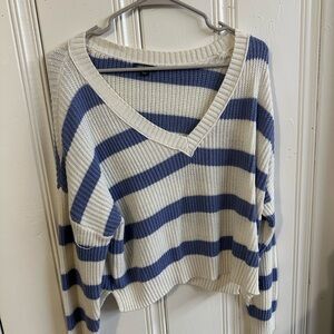 Striped V-Neck Sweater - Blue and Cream